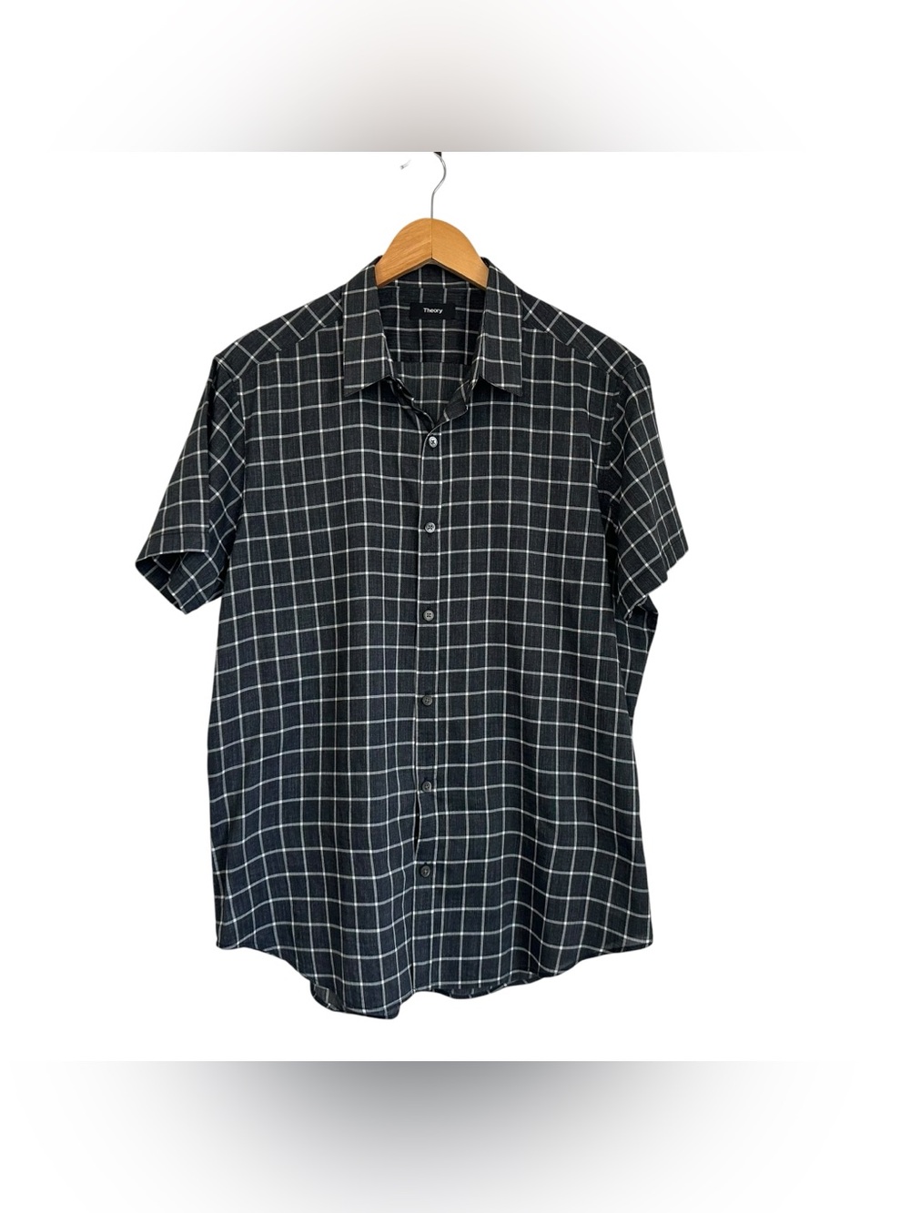 THEORY Mens Zack Plaid Short Sleeve Button Up Shirt Sz XL Blue Cotton Blend